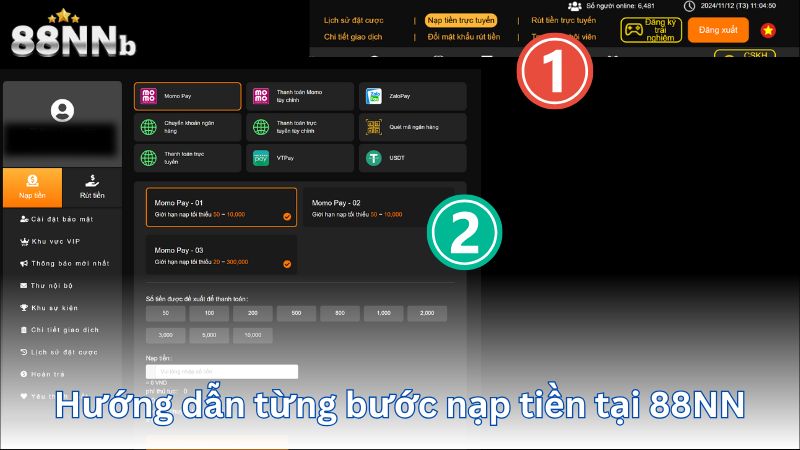 Hướng dẫn từng bước nạp tiền tại 88NN